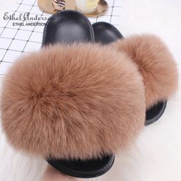 Ethel Anderson Vera Pelliccia di Volpe Peluche Presentazioni Aziende Produttrici Giochi Ciabatte Estate Delle Donne Spiaggia Fluffy 100% Vera Pelliccia di Procione Infradito Sandali Scarpe X1020