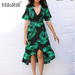 HiloRill Floral Print Bohemian Beach Dress Summer Women Dress Ruffles Casual Short Sleeve V-Neck Wrap Party Dresses Vestido LJ200808