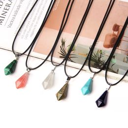 Reiki Natural Stone Hexagonal water droplets pendant Quartz Crystal Turquoises Tiger Eye Opal Aventurine Donuts Pendant Leather Chains Necklace For Women Men