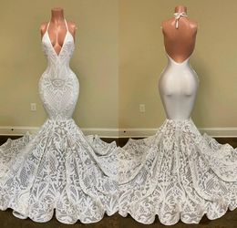 ivory 2021 Mermaid Prom Dresses Halter Lace Sequined Appliqued Backless ruffles sweep train trumpet african evening dress