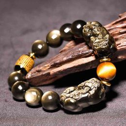 Natural Obsidian, Gold Man's Bracelet, Fortune Calling Jade, Leather Hill, Buddha Beads, Hand Jewelry, Women's