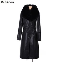 Rebicoo PU Leather Faux Fur Women Long Coat Casual Plus Size 5XL Slim Coat Black Faux Fur Collar Jacket Coat casaco 201020