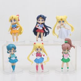 6pcs/set Anime Cartoon Sailor Moon Mars Jupiter Venus Mercury Q Version PVC action Figures Collectible Model Toys Dolls Q0522