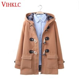 Duffle Coat Long Turn Down Horn Button Hooded Collar Woollen Overcoat Wide Waisted manteau femme Out Wear winter coats A248 201102