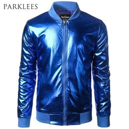 Shiny Blue Metallic Jacket Men Brand Night Club Hip Hop Zipper Jackets Stand Collar Lightweight Baseball Bomber Jackets and Coat 201128