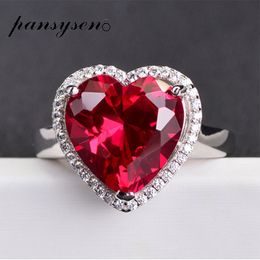 PANSYSEN 14x14mm Heart Red Ruby Gemstone Adjustable Rings For Women Real 925 Sterling Silver Wedding Party Jewellery Ring Gifts J1225
