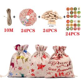 Canvas linen Santa gift bag set small drawstring candy bag Santa backpack bag Christmas decorations for kids