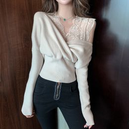 korean women lace patchwork sweater pullovers femme v neck sexy fake two pieces sweater autumn winter lady knitting tops LJ201114