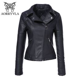 AORRYVLA New Spring Autumn Women's Moto Biker Zipper Jacket Turn Down Collar Black PU Faux Leather Jacket Slim Lady Basic Coat 201226