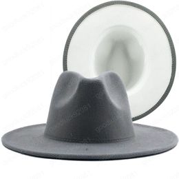 Simple Outer Grey Inner white Wool Felt Jazz Fedora Hats with Thin Belt Buckle Men Women Wide Brim Panama Trilby Cap