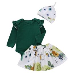 3pcs Baby Girls Rompers Clothes Sets Ruffle Sleeve Green Top+ Florasl Dress + Hat Long Sleeve Outfits Set Fashion Baby Girls 201029