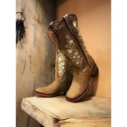 Women Boots Fashion Floral Embroidered Western Boots Warm Cowgirl Women Knee High Riding Vintage Outdoor 2020 New