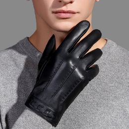 Wholesale-Leather touch screen men's autumn winter sheepskin full finger Warm and gloves driver fleece warm medium and high grade gloves