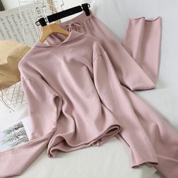 Autumn Winter Pink Two Piece Set Casual Chic Hooded Knitted Sweater Tops And High Waist Wide Leg Pants Women Tracksuit 201104