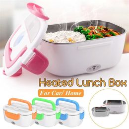 12V-24V 110V 220V Electric Heated Lunch Box Portable 2 in 1 Car& Home US Plug/EU Plug Bento Boxes Stainless Steel Food Container Y200429