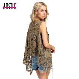 Jastie Hippie Froral Patch Design Vest Retro Vintage Crochet Summer Beach Cover Up Top Asymmetric Open Stitch Kimono Cardigain 201031