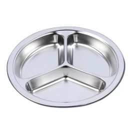 25.5CM Stainless Steel Fast Food Tray Restaurant Hotel Service Tray 3-Grid Round Snack Tray Kitchen Canteen Dining Plate