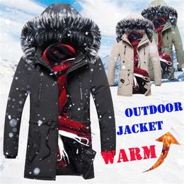 Thick Warm Winter Jacket Men Fleece Lined Hooded Parka Jacket Mens Fur Collar Coat Veste Dhiver Hommes Long Jacket Coat 201114