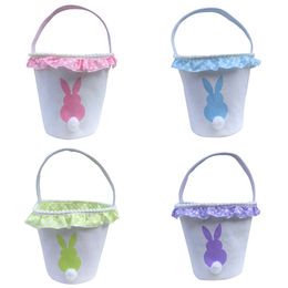 2022 New Easter Party Supplies Decorative Tote Basket Printed Plush Rabbit Tail Baskets Lace Canvas Tote Candy Gift Bag Wholesale