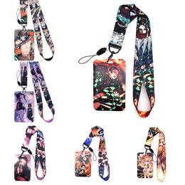 5Pcs/Set Anime Demon Slayer Print Keychain Ribbon Lanyards for Keys ID Card Phone Straps Hanging Rope Lariat Students Badge Pass Holder