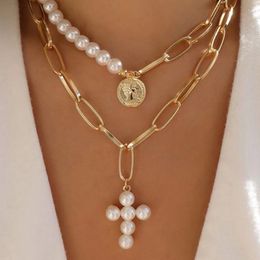 Coin Pearl Necklaces Multi Layer Cross Pendant Necklace For Women Bohemian Gold Choker Trendy NEW Jewellery