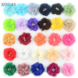 300pcs/lot 28 Color U Pick 2 Inch Petite Chiffon Fabric Flower with Rhinestone And Pearl Center Boutique Wholesale Supplies MH22 LJ201226