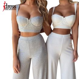 iDress Women Sexy Knitted Two Piece Sets Knitted Suit Outfit Gray White Summer 2 Piece Set Women Crop Top and Wide Leg Pants Set T200821