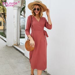 S.FLAVOR Women Autumn Pencil Dress Elegant Slim V-neck Tea Break Midi Dress Red Color Winter Working Dress For Office Lady 201029