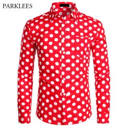 Red Mens Polka Dot Shirt Casual Button Up Dress Shirts Men Chemise Homme Party Club Male Shirts Garden Point Camisas Masculina X1218