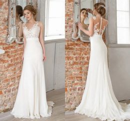 Boho Beach Wedding Dresses Sheer Neck Lace Appliques 2021 Elegant Satin Sweep Train Bridal Gown Illusion Buttons Back robes de mariee AL8139