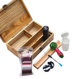 2022 new Set Wood Stash Box + Aluminum Herb Grinder With Dugout One Hitter + Silicone Stash Jar Metal Dab Tool + glass oil burner pipe