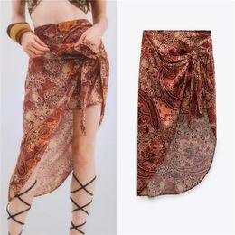 TRAF Za Women Skirt Wrap Vintage High Waist Woman Fashion Ruched Knot Asymmetric Indie Folk Long Summer s 220224