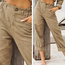 BornToGirl Spring Summer Autumn Casual Linen Pants For Women High Waist Gray Navy Blue Pink Khaki Pants 3XL 4XL 5XL 201113