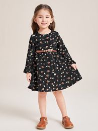 Toddler Girls Floral Print Flounce Sleeve Dress Without Belt SHE