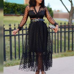 Women Black Mesh Two Pieces Set Polka Dot See Through Transparent Shirts Tops Tulle Skirts Lining Elastic Waist Pleated Jupes T200702