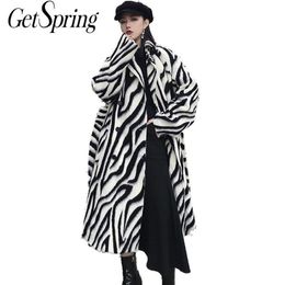 Getspring Women Woollen Coat Zebra Pattern Striped Winter Wool Coat Women Vintage Colour Matching Bandage Women Overcoat New LJ201202