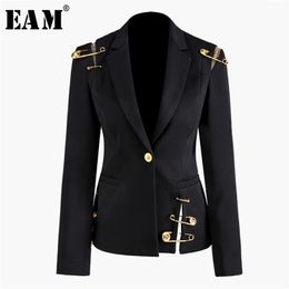 [EAM] Loose Fit Black Hollow Out Pin Spliced Jacket New Lapel Long Sleeve Women Coat Fashion Tide Spring Autumn 2020 LJ201021