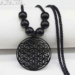 2022 Flower of Life Stainless Steel Necklaces for Women Long Black Colour Bead Statement Necklace Jewerly Cadena Hombre N429s03