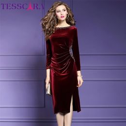 TESSCARA Women Autumn & Winter Elegant Beading Even Parti Dress Festa Female Party Robe High Quality Designer Velvet Vestidos 201126