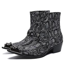 New Arrival Metal Toe Zip Man High Heel Party Shoes Patterned Men's Handmade Cowboy Ankle Boots For Male