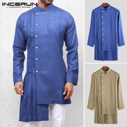 Men's Casual Shirts INCERUN Vintage Men Shirt Ethnic Stand Collar Solid Color 2021 Long Sleeve Kaftan Irregular Clothing 71
