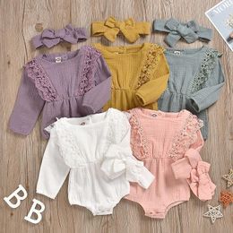 Newborn Kids Baby Girl Long Sleeve Cotton Linen Ruffled lace Romper + Headbands 2Pcs/Set Infant Jumpsuit Playsuit Clothes