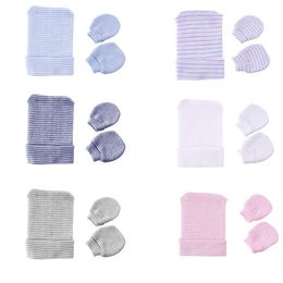 Newborn Hat Gloves Set Children's Cotton Hats and Gloves Prevent Scratching and Keep Warm for Baby Boys Girls Stripe Caps