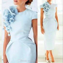 2020 Cheap Simple Light Sky Blue Evening Dresses Flowers Cap Sleeves Tea Length Sheath Plus Size Prom Party Mother Cocktail Gowns Vestidos