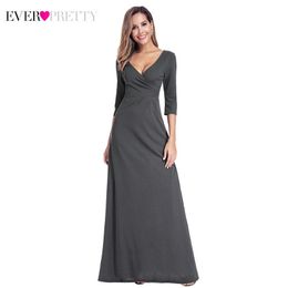 Evening Dresses Long Ever Pretty Simple Deep V-Neck Ruched 3/4 Sleeve Elegant Party Gowns Vestido De Festa Robe Longue LJ201123