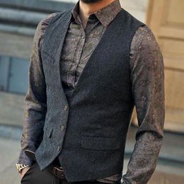 Men's Vests Grey Herringbone Tweed Dress Vest Retro Vintage Gentleman Waistcoat Men Formal Business Sleeveless Male Gilet 3XL