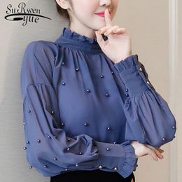 Spring New Blue Chiffon Women Shirts Beading Women Tops Long Sleeved Bottom Shirt Fashion Blouse OL Women Blouses Clothes 1641 210225