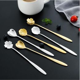 Spoons Coffee Mixing Spoon Gold Long Handle Dessert Stainless Steel Vintage Teaspoons Drink Tableware Flowers Design 1PCS1