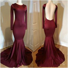Sexy Burgundy Long Sleeves Prom Dresses Mermaid Backless Evening Dress Ruched Sweep Train Formal Celebrity Party Dresses 2022