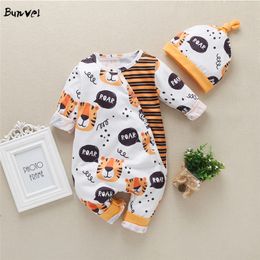 bunvel Infant Baby Girls Boys Rompers Patchwork Tiger Striped Print Jumpsuit Jumpers Spring Playsuit +Hat 2pcs Outfit Set 201023